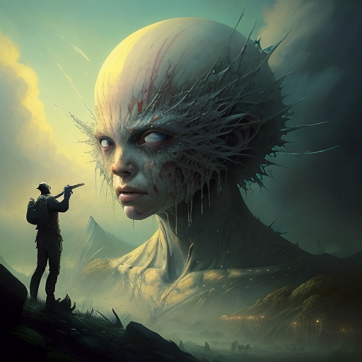 50519-2093964252-((best quality)), ((masterpiece)), ((realistic)), (detailed), a giant talking to miniscule human, by greg rutkowski + beksinski,.png